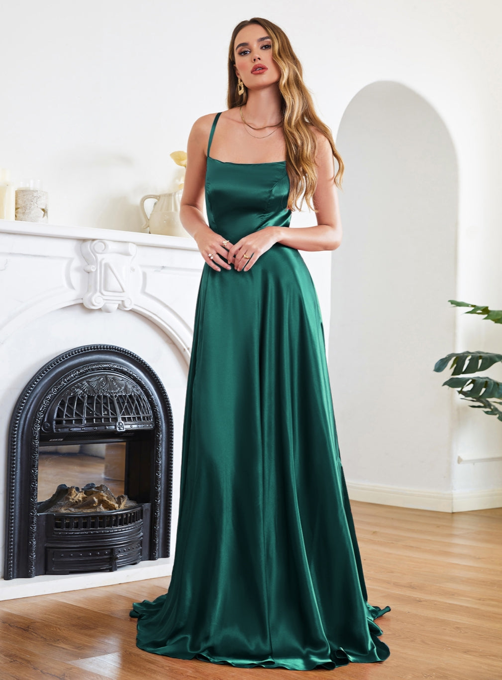 Stunning Spaghetti Straps Satin Floor Length Dress with Side Slit-BMbridal