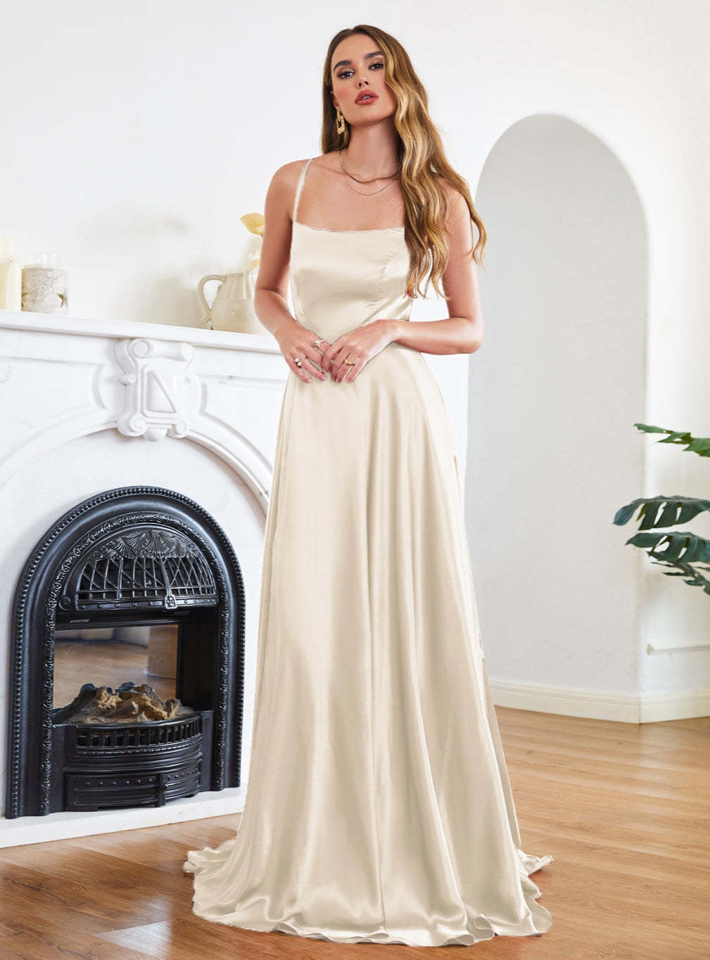 Stunning Spaghetti Straps Satin Floor Length Dress with Side Slit-BMbridal