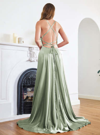 Stunning Spaghetti Straps Satin Floor Length Dress with Side Slit-BMbridal
