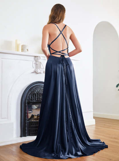 Stunning Spaghetti Straps Satin Floor Length Dress with Side Slit-BMbridal