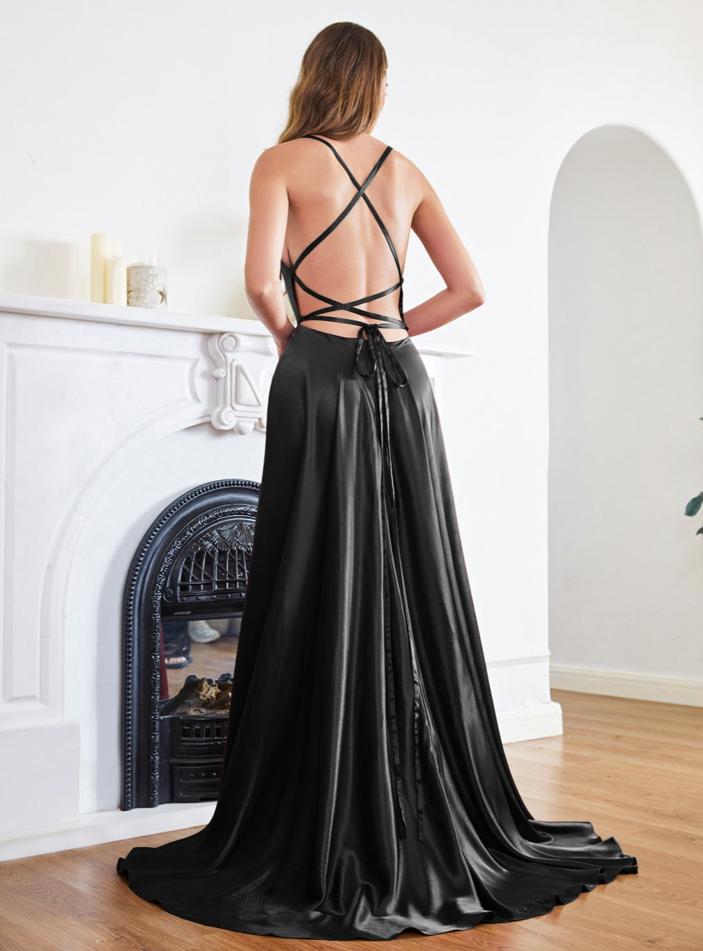 Stunning Spaghetti Straps Satin Floor Length Dress with Side Slit-BMbridal