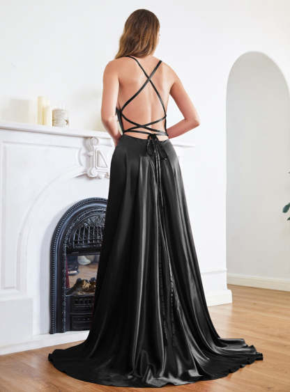Stunning Spaghetti Straps Satin Floor Length Dress with Side Slit-BMbridal