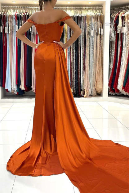 Stunning Stretch Satin Off Shoulder Evening Gown with Side Slit Detachable Train-BMbridal.com