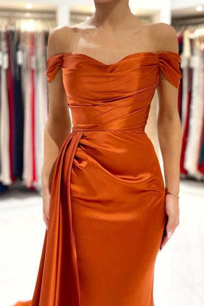 Stunning Stretch Satin Off Shoulder Evening Gown with Side Slit Detachable Train-BMbridal.com