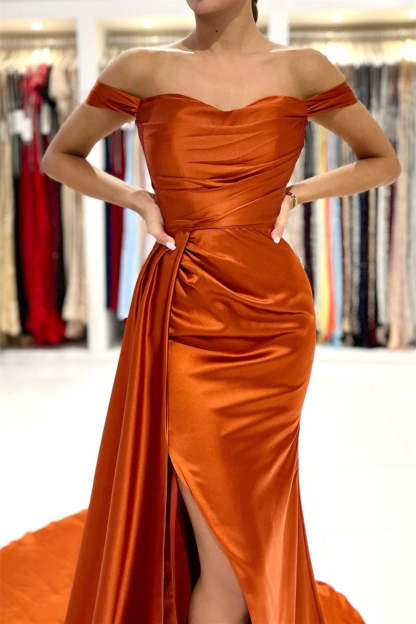 Stunning Stretch Satin Off Shoulder Evening Gown with Side Slit Detachable Train-BMbridal.com