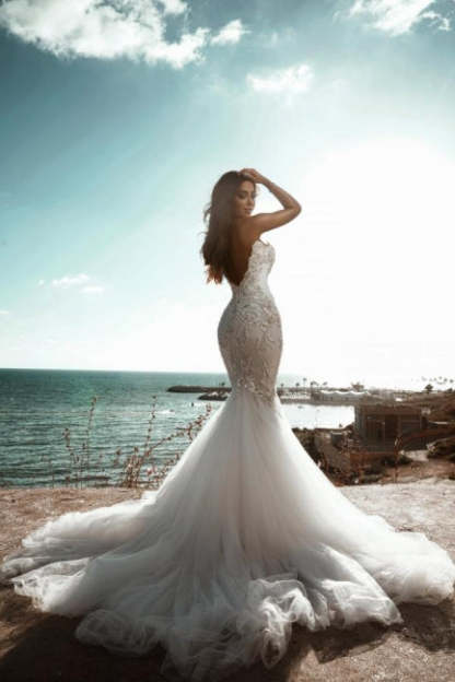 Stunning Sweetheart Beading Mermaid Wedding Gown Sleeveless Tulle Bridal Dress-BMbridal.com