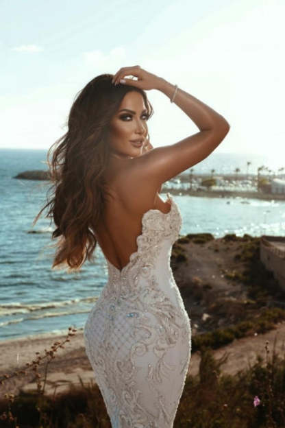 Stunning Sweetheart Beading Mermaid Wedding Gown Sleeveless Tulle Bridal Dress-BMbridal.com