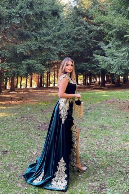 Stunning Velvet Evening Gown Sleeveless Gold Appliques Formal Dress with Detachable Train Side Slit-BMbridal