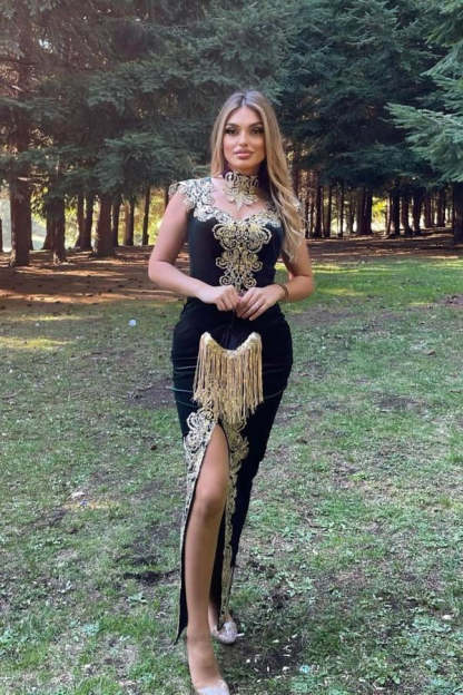 Stunning Velvet Evening Gown Sleeveless Gold Appliques Formal Dress with Detachable Train Side Slit-BMbridal