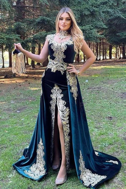 Stunning Velvet Evening Gown Sleeveless Gold Appliques Formal Dress with Detachable Train Side Slit-BMbridal