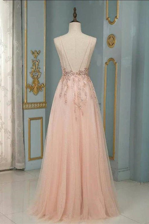 Stylish Spaghetti Straps V-Neck Floral Lace Evening Maxi Dress Tulle Sleeveless Prom Swing Dress-BMbridal