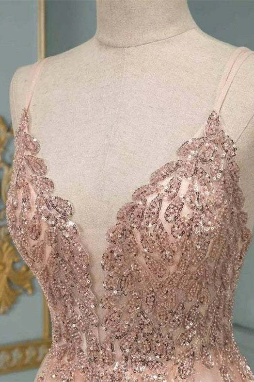 Stylish Spaghetti Straps V-Neck Floral Lace Evening Maxi Dress Tulle Sleeveless Prom Swing Dress-BMbridal