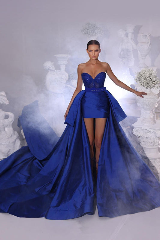 Sweetheart A-line Short Lace Sleeveless Prom Dress With Detachable Train-BMbridal.com