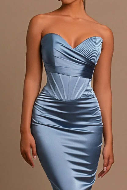 Sweetheart Long Mermaid Dusty Blue Satin Prom Dress-BMbridal.com