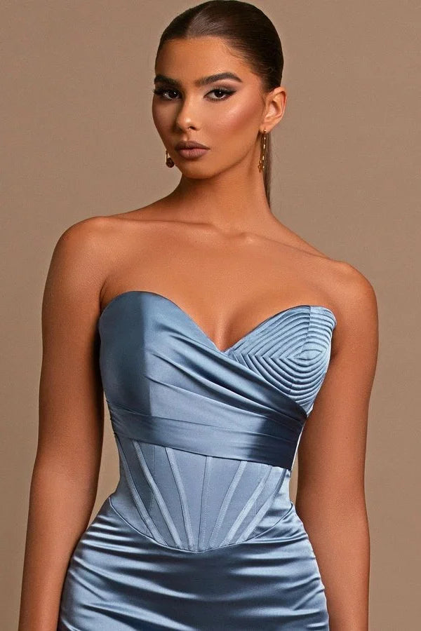Sweetheart Long Mermaid Dusty Blue Satin Prom Dress-BMbridal.com