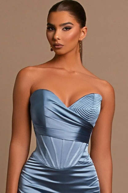 Sweetheart Long Mermaid Dusty Blue Satin Prom Dress-BMbridal.com
