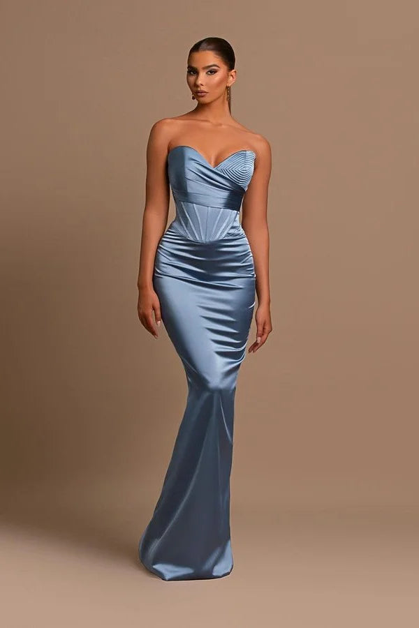 Sweetheart Long Mermaid Dusty Blue Satin Prom Dress-BMbridal.com