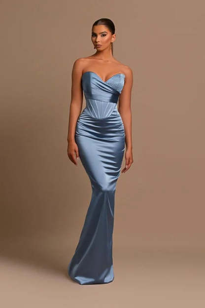 Sweetheart Long Mermaid Dusty Blue Satin Prom Dress-BMbridal.com