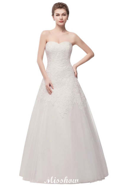 Sweetheart Strapless A-line Long Lace Tulle Wedding Dresses-BMbridal