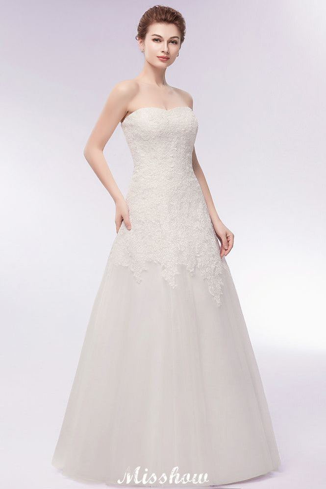 Sweetheart Strapless A-line Long Lace Tulle Wedding Dresses-BMbridal