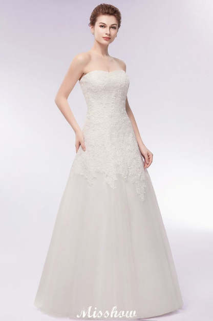 Sweetheart Strapless A-line Long Lace Tulle Wedding Dresses-BMbridal
