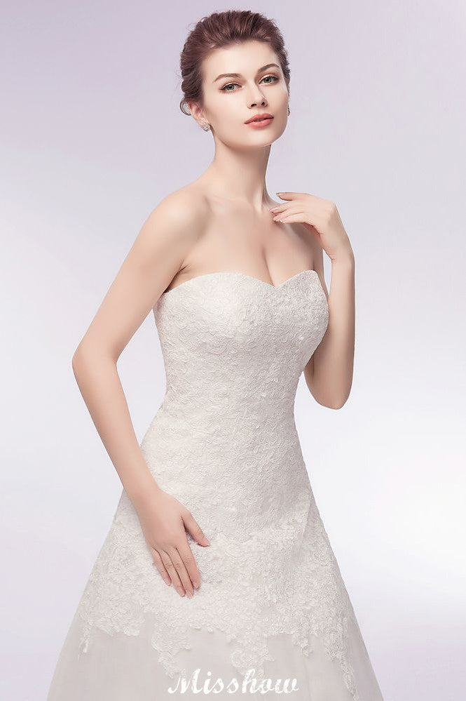 Sweetheart Strapless A-line Long Lace Tulle Wedding Dresses-BMbridal