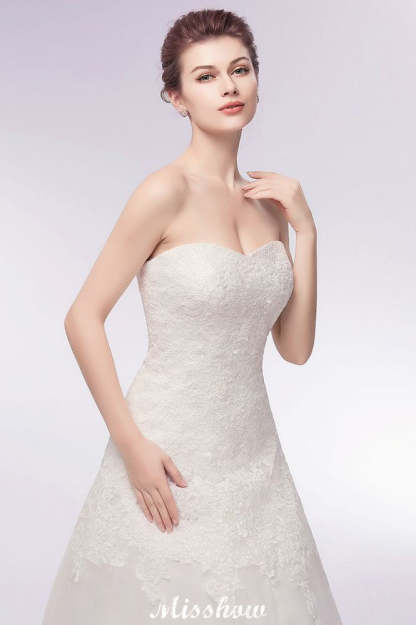 Sweetheart Strapless A-line Long Lace Tulle Wedding Dresses-BMbridal