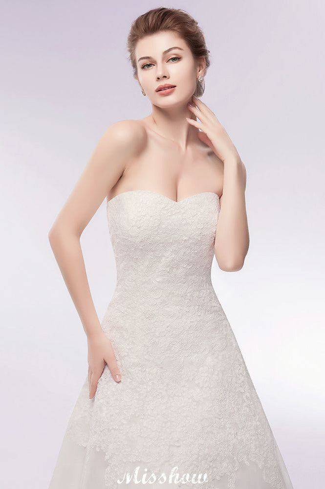Sweetheart Strapless A-line Long Lace Tulle Wedding Dresses-BMbridal