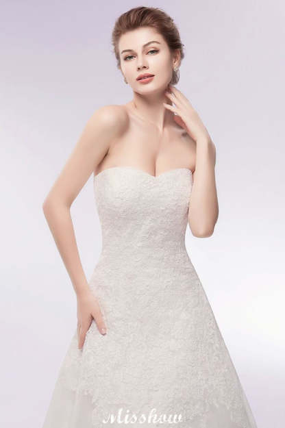 Sweetheart Strapless A-line Long Lace Tulle Wedding Dresses-BMbridal