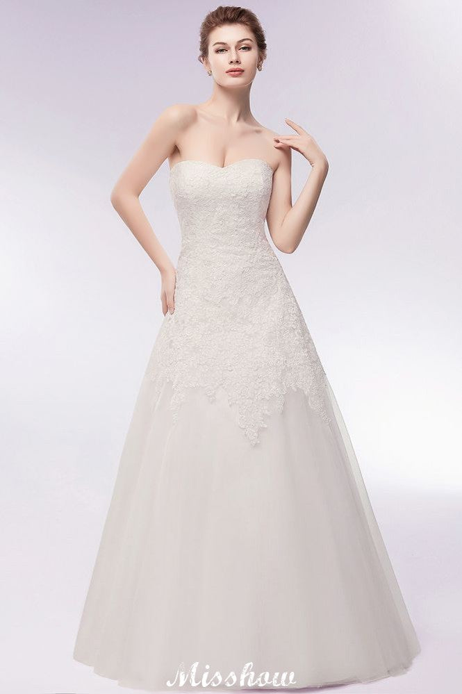 Sweetheart Strapless A-line Long Lace Tulle Wedding Dresses-BMbridal