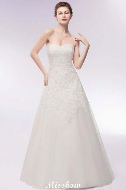 Sweetheart Strapless A-line Long Lace Tulle Wedding Dresses-BMbridal