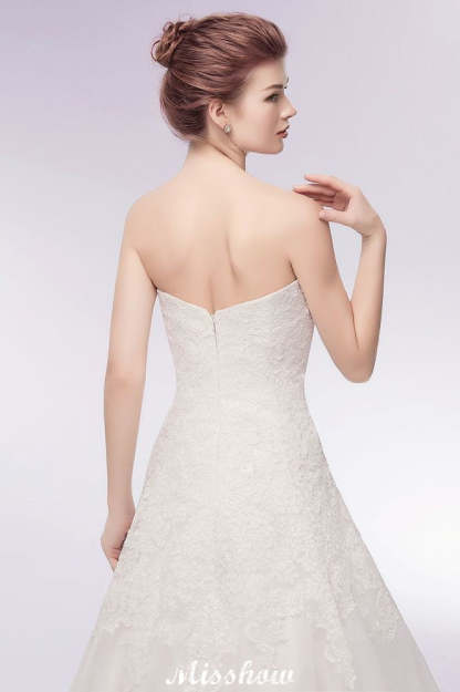 Sweetheart Strapless A-line Long Lace Tulle Wedding Dresses-BMbridal