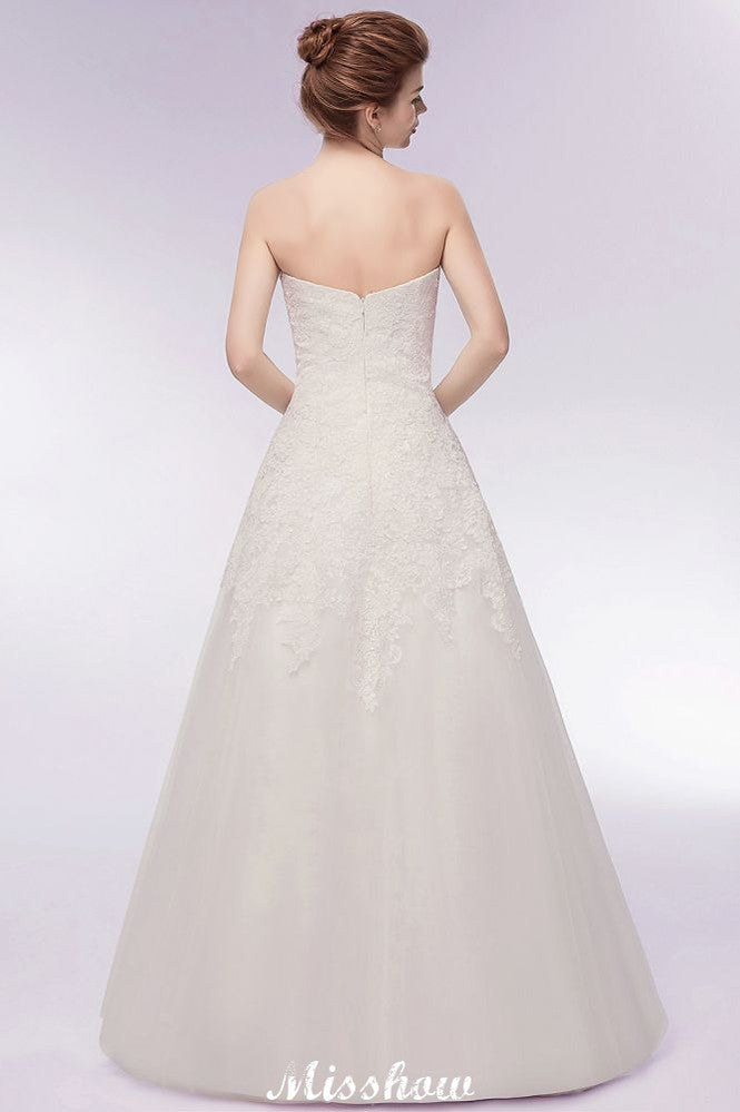 Sweetheart Strapless A-line Long Lace Tulle Wedding Dresses-BMbridal