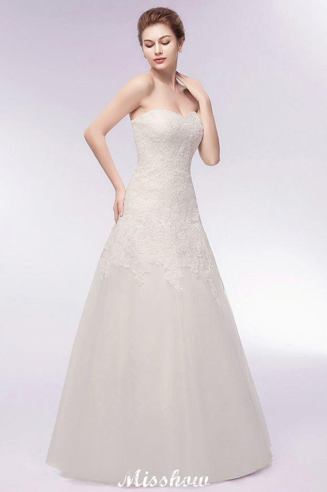 Sweetheart Strapless A-line Long Lace Tulle Wedding Dresses-BMbridal