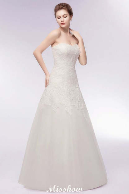 Sweetheart Strapless A-line Long Lace Tulle Wedding Dresses-BMbridal