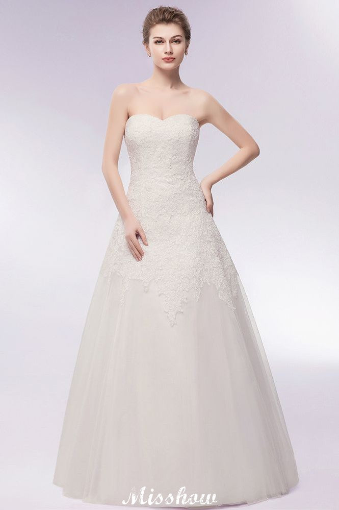 Sweetheart Strapless A-line Long Lace Tulle Wedding Dresses-BMbridal