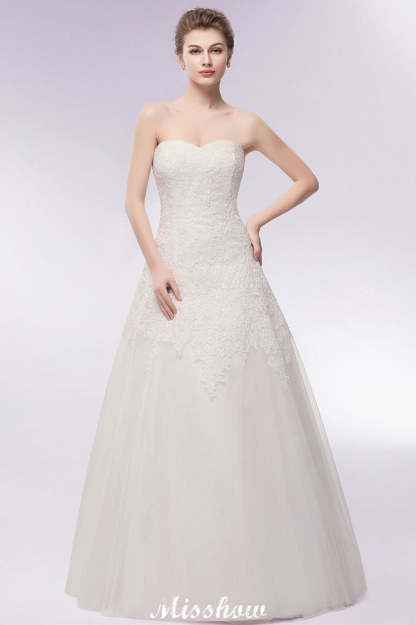 Sweetheart Strapless A-line Long Lace Tulle Wedding Dresses-BMbridal