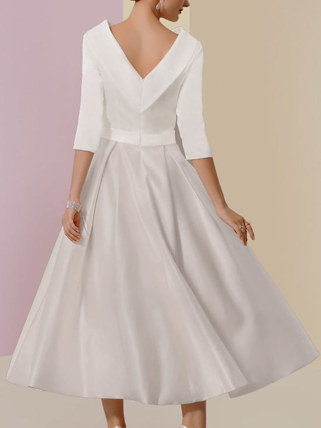 Tea-Length Mother of the Bride A-Line Dress with Jewel Neckline Half Sleeves Pleats and Pockets-BMbridal