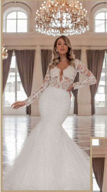 Trendy Long Sleeves V-Neck Mermaid Wedding Dress with Chapel Train-BMbridal.com