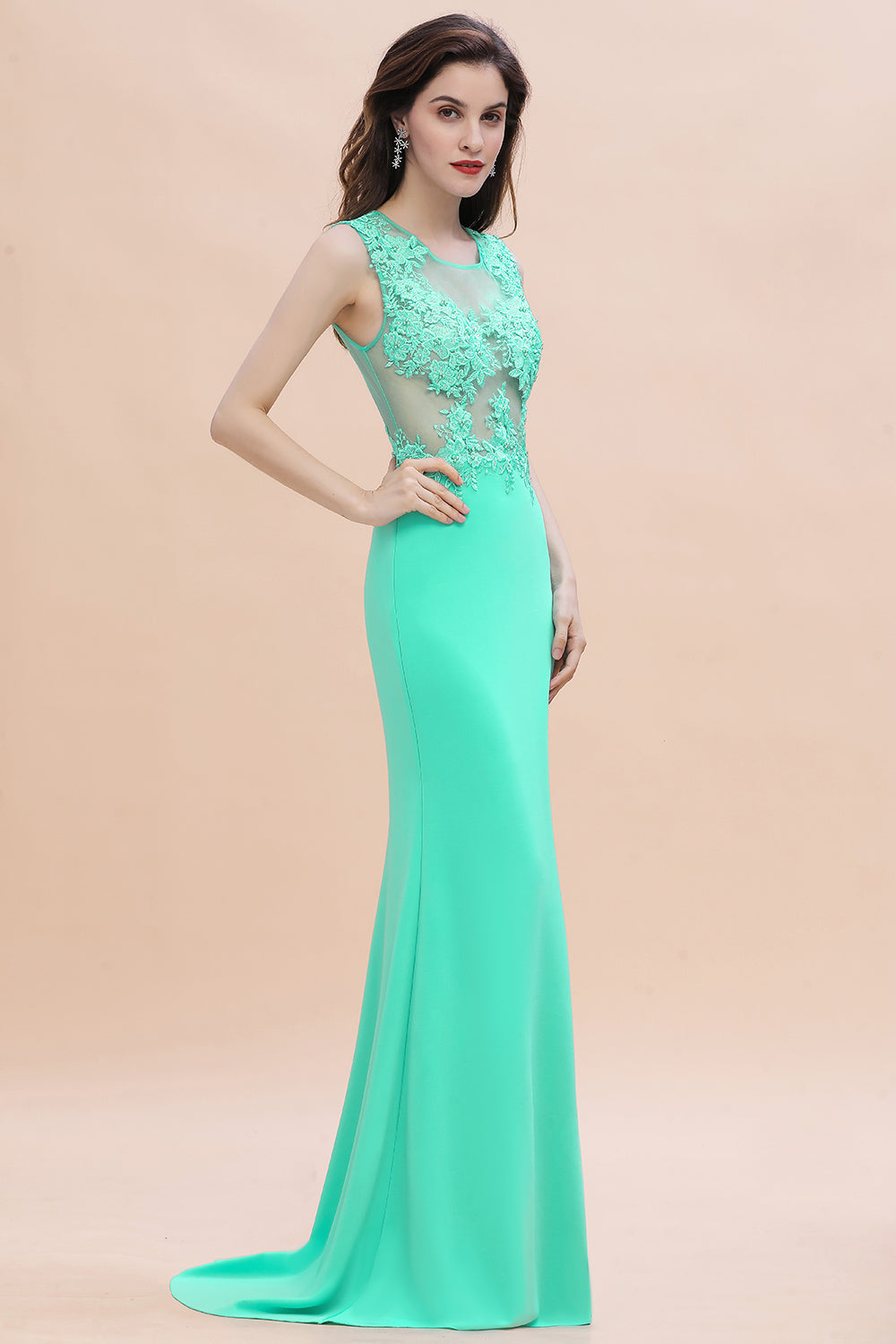 Turquoise Crew neck Cap sleeve Lace appliques Curves/Mermaid Floor Length Dress-BMbridal