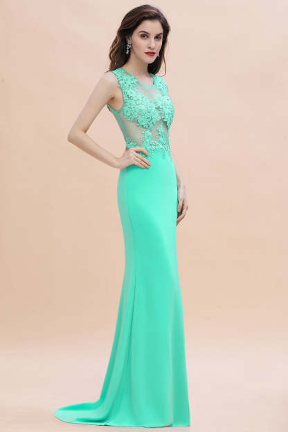Turquoise Crew neck Cap sleeve Lace appliques Curves/Mermaid Floor Length Dress-BMbridal