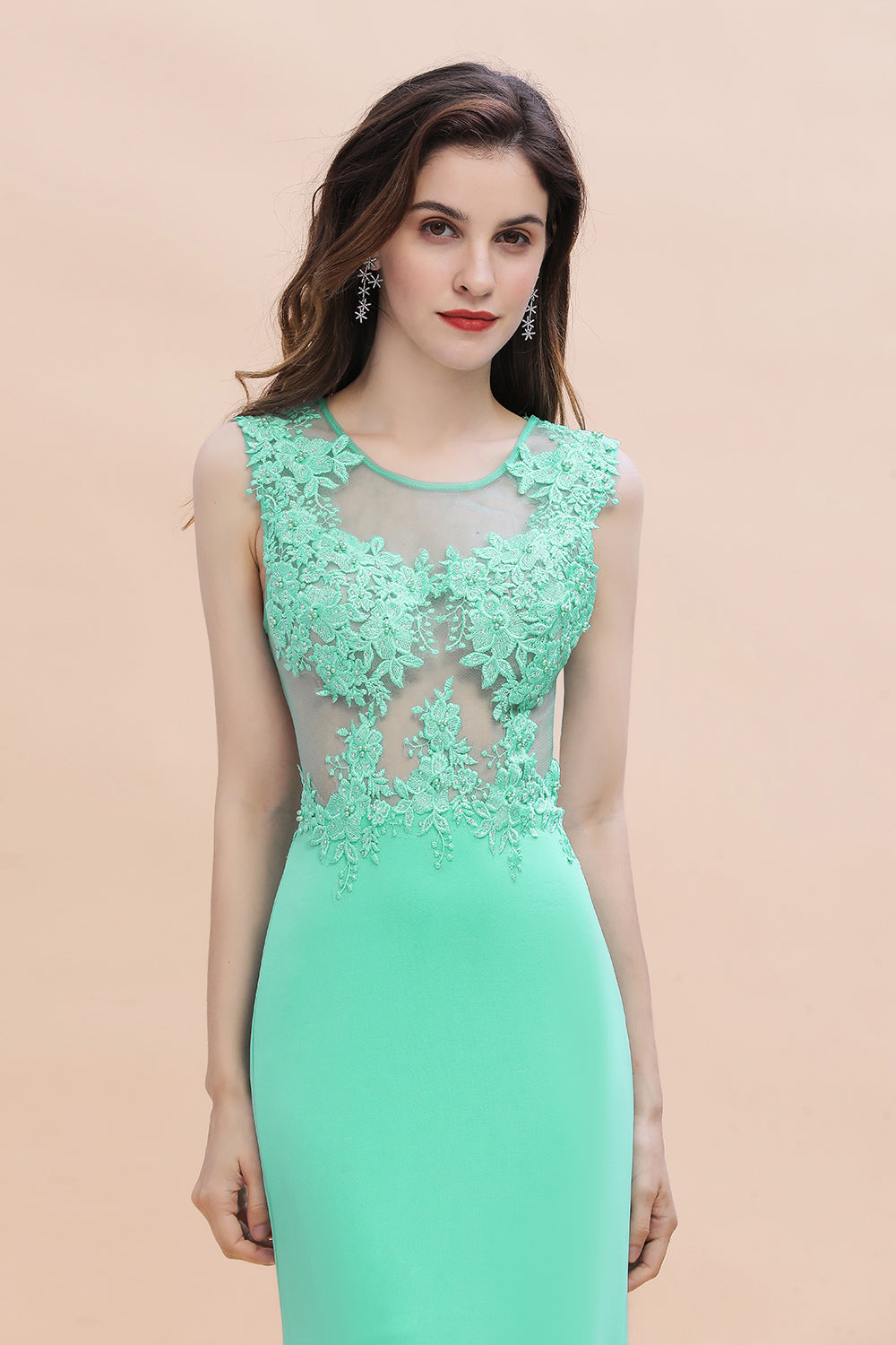 Turquoise Crew neck Cap sleeve Lace appliques Curves/Mermaid Floor Length Dress-BMbridal