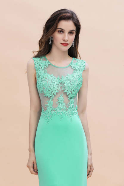 Turquoise Crew neck Cap sleeve Lace appliques Curves/Mermaid Floor Length Dress-BMbridal