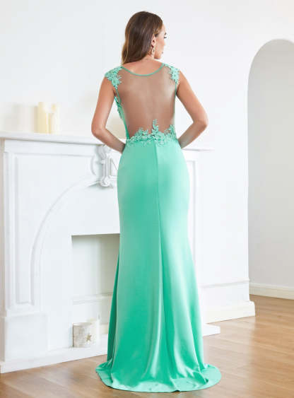 Turquoise Crew neck Cap sleeve Lace appliques Curves/Mermaid Floor Length Dress-BMbridal