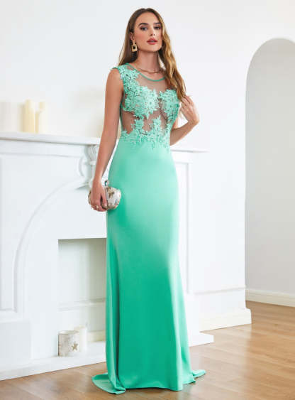 Turquoise Crew neck Cap sleeve Lace appliques Curves/Mermaid Floor Length Dress-BMbridal