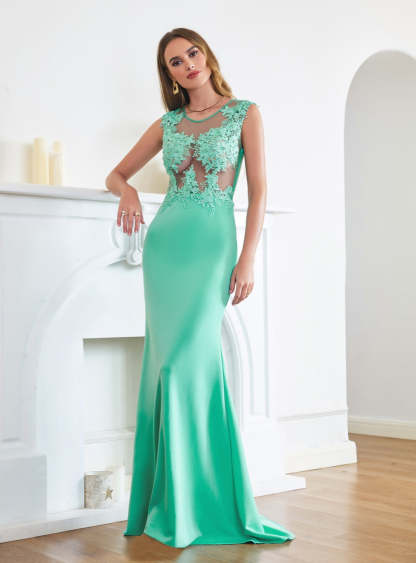 Turquoise Crew neck Cap sleeve Lace appliques Curves/Mermaid Floor Length Dress-BMbridal