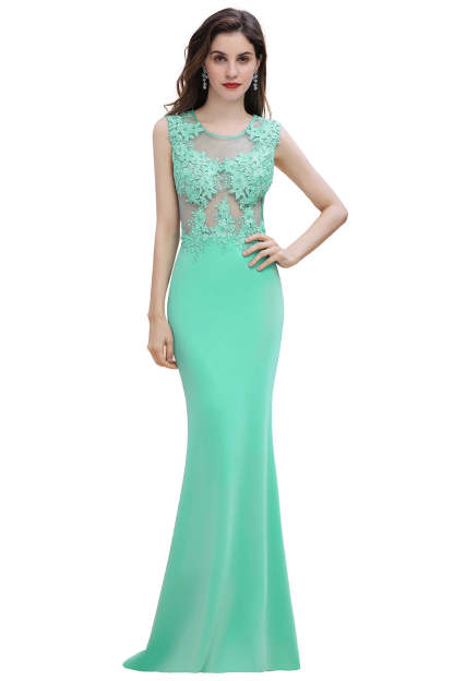 Turquoise Crew neck Cap sleeve Lace appliques Curves/Mermaid Floor Length Dress-BMbridal