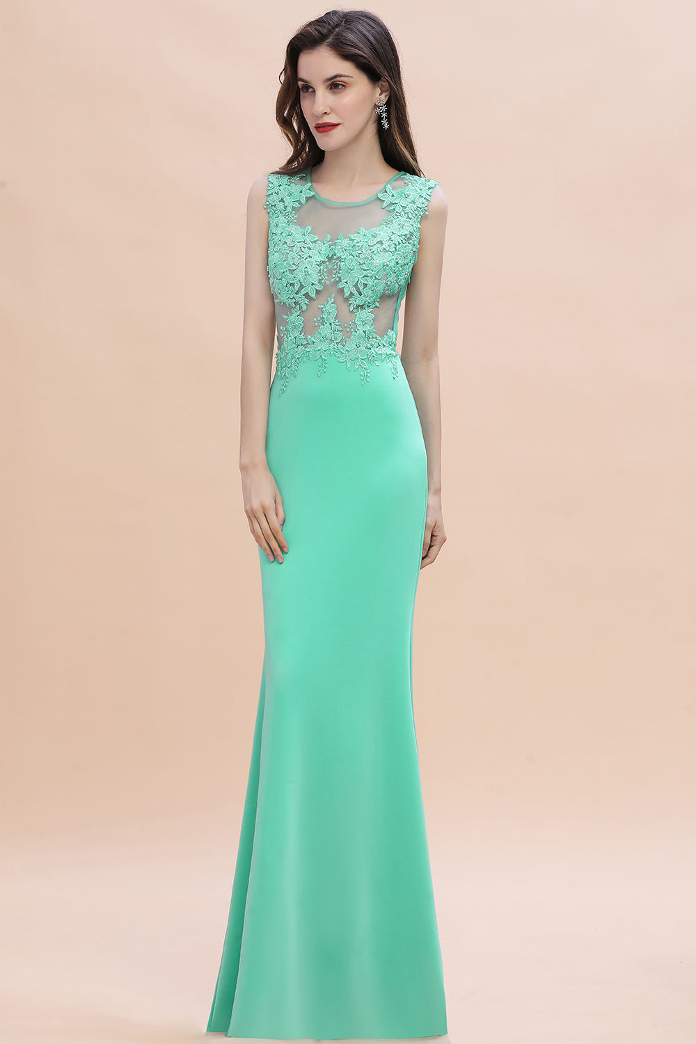 Turquoise Crew neck Cap sleeve Lace appliques Curves/Mermaid Floor Length Dress-BMbridal