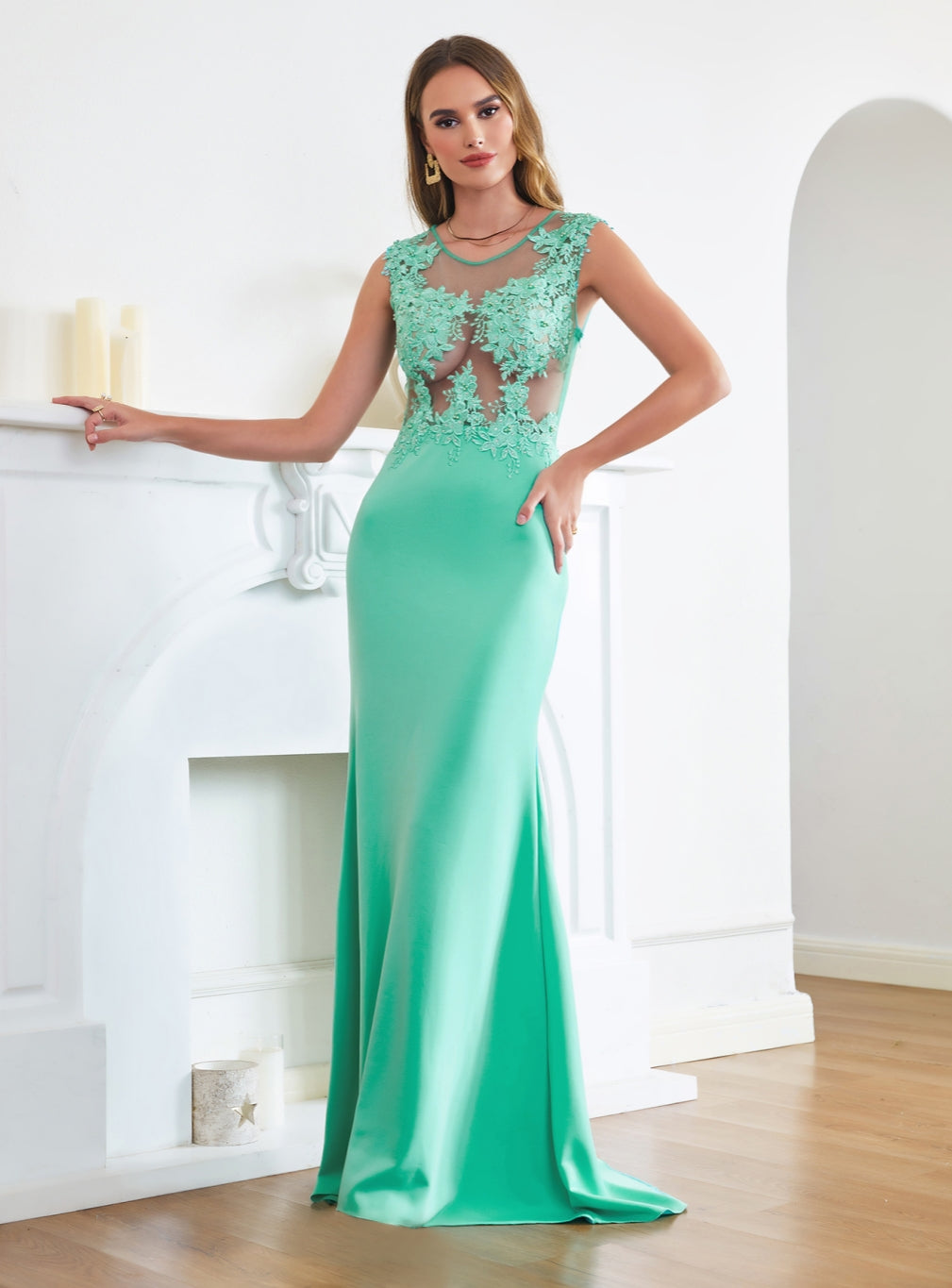 Turquoise Crew neck Cap sleeve Lace appliques Curves/Mermaid Floor Length Dress-BMbridal