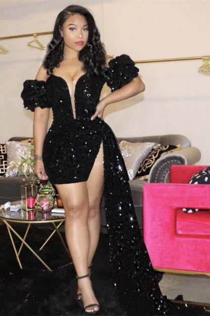 Unique Black V-neck Off-the-Shoulder Sequins Asymmetrical Column Prom Dresses-BMbridal.com